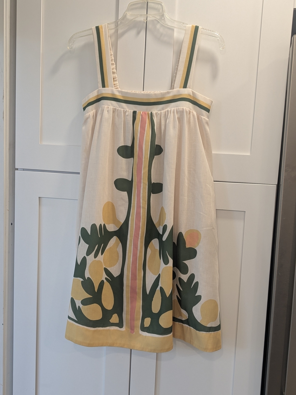 Mini Sundress with Cream Base and Green-Yellow Botanical Print